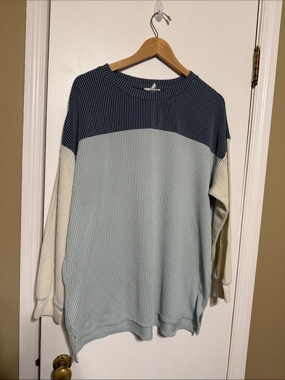 Maurices Colorblock Crewneck Top in Navy, Light Blue & Cream